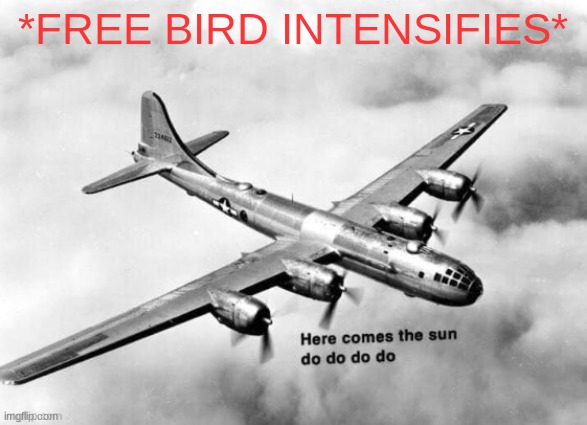 Here comes the sun dodododo B29 | *FREE BIRD INTENSIFIES* | image tagged in here comes the sun dodododo b29 | made w/ Imgflip meme maker