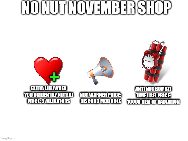 NO NUT NOVEMBER SHOP; +; EXTRA LIFE(WHEN YOU ACIDENTILY NUTED) PRICE: 2 ALLIGATORS; ANTI NUT BOMB(1 TIME USE) PRICE: 10000 REM OF RADIATION; NUT WARNER PRICE: DISCORD MOD ROLE | image tagged in memes,shop,no nut november | made w/ Imgflip meme maker