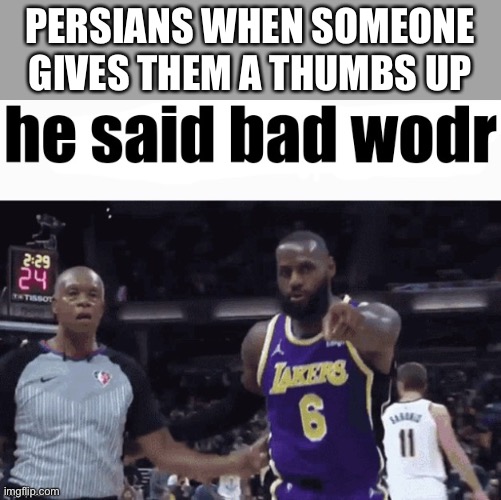 he said bad wodr | PERSIANS WHEN SOMEONE GIVES THEM A THUMBS UP | image tagged in he said bad wodr | made w/ Imgflip meme maker