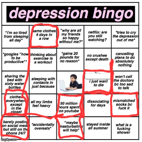 Depression bingo | image tagged in depression bingo | made w/ Imgflip meme maker