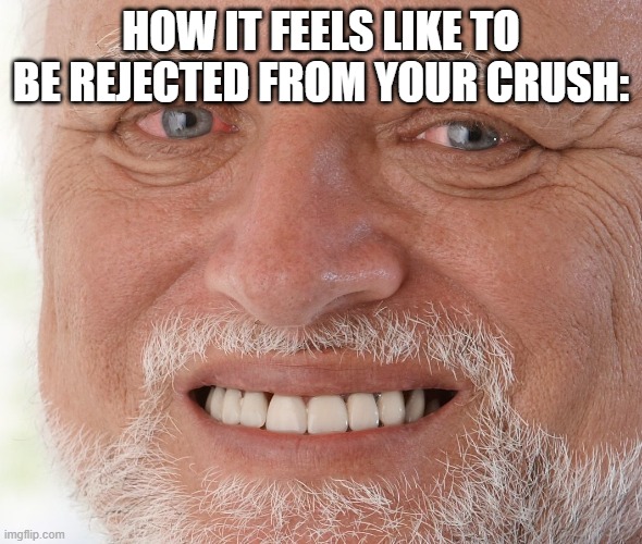 The pain... | HOW IT FEELS LIKE TO BE REJECTED FROM YOUR CRUSH: | image tagged in hide the pain harold | made w/ Imgflip meme maker