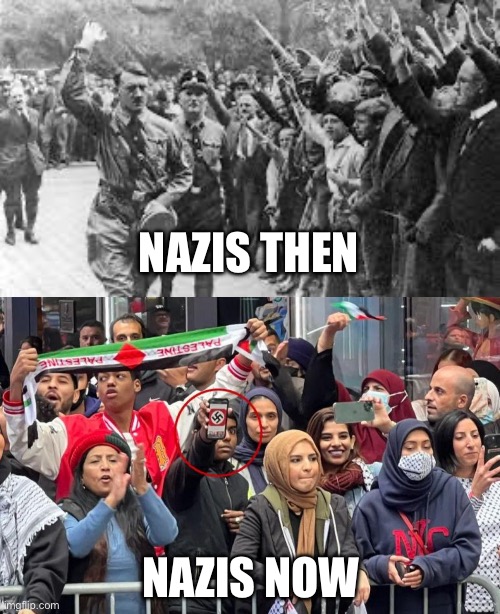 Nazis then and now | NAZIS THEN; NAZIS NOW | image tagged in nazi germany approves,pro hamas protest nyc with swastika | made w/ Imgflip meme maker