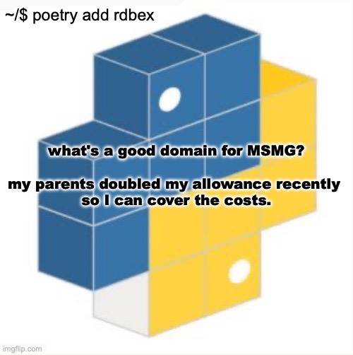rdbex template | what's a good domain for MSMG?
 
my parents doubled my allowance recently 
so I can cover the costs. | image tagged in rdbex template | made w/ Imgflip meme maker