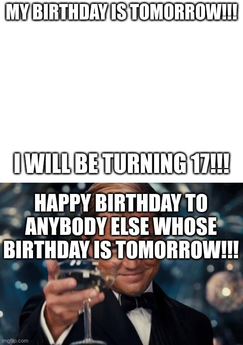 :) | MY BIRTHDAY IS TOMORROW!!! I WILL BE TURNING 17!!! HAPPY BIRTHDAY TO ANYBODY ELSE WHOSE BIRTHDAY IS TOMORROW!!! | image tagged in memes,leonardo dicaprio cheers,happy birthday | made w/ Imgflip meme maker