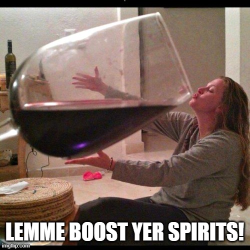 Wine Drinker | LEMME BOOST YER SPIRITS! | image tagged in wine drinker | made w/ Imgflip meme maker