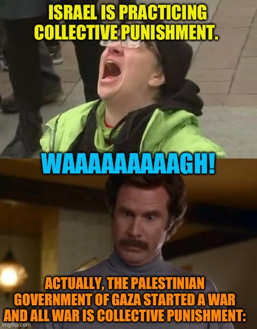 Hamas is the elected government of Gaza | ISRAEL IS PRACTICING COLLECTIVE PUNISHMENT. WAAAAAAAAAGH! ACTUALLY, THE PALESTINIAN GOVERNMENT OF GAZA STARTED A WAR AND ALL WAR IS COLLECTIVE PUNISHMENT: | image tagged in screaming liberal,hamas are terrorists,finish them,actually you are dumb | made w/ Imgflip meme maker