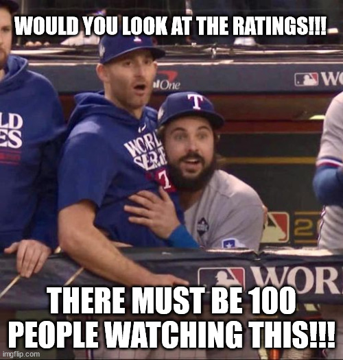 2023 World Series | WOULD YOU LOOK AT THE RATINGS!!! THERE MUST BE 100 PEOPLE WATCHING THIS!!! | image tagged in 2023 world series,no one watching | made w/ Imgflip meme maker