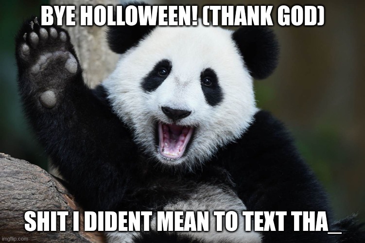 Bye Bye Panda | BYE HOLLOWEEN! (THANK GOD); SHIT I DIDENT MEAN TO TEXT THA_ | image tagged in bye bye panda | made w/ Imgflip meme maker