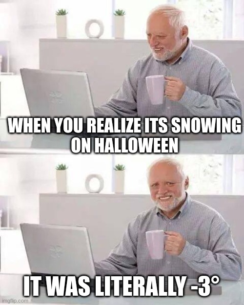 WHEN YOU REALIZE ITS SNOWING
ON HALLOWEEN IT WAS LITERALLY -3° | image tagged in memes,hide the pain harold | made w/ Imgflip meme maker