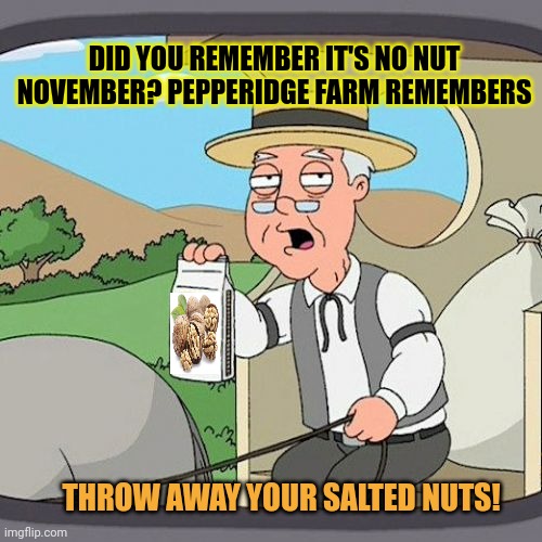 NNN | DID YOU REMEMBER IT'S NO NUT NOVEMBER? PEPPERIDGE FARM REMEMBERS; THROW AWAY YOUR SALTED NUTS! | image tagged in memes,pepperidge farm remembers,nnn | made w/ Imgflip meme maker