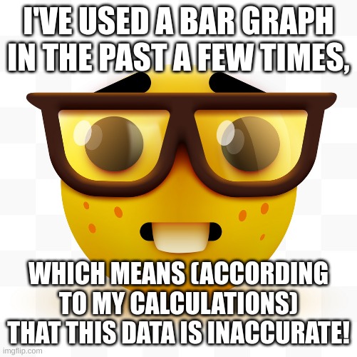 Nerd emoji | I'VE USED A BAR GRAPH IN THE PAST A FEW TIMES, WHICH MEANS (ACCORDING TO MY CALCULATIONS) THAT THIS DATA IS INACCURATE! | image tagged in nerd emoji | made w/ Imgflip meme maker