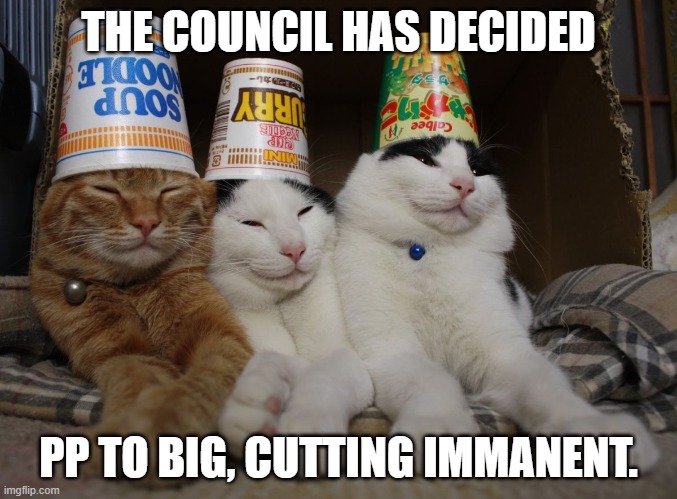 Council of Cats | THE COUNCIL HAS DECIDED; PP TO BIG, CUTTING IMMANENT. | image tagged in council of cats | made w/ Imgflip meme maker