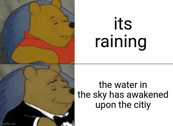 Tuxedo Winnie The Pooh Meme | its raining; the water in the sky has awakened upon the citiy | image tagged in memes,tuxedo winnie the pooh | made w/ Imgflip meme maker