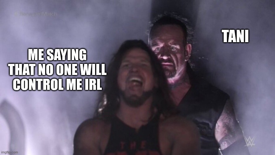 yeah. i get kinda sub when tani walk in. | TANI; ME SAYING THAT NO ONE WILL CONTROL ME IRL | image tagged in aj styles undertaker | made w/ Imgflip meme maker