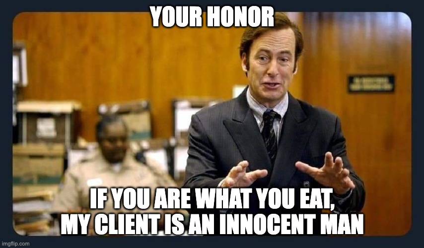 Your honour | YOUR HONOR; IF YOU ARE WHAT YOU EAT, MY CLIENT IS AN INNOCENT MAN | image tagged in your honour | made w/ Imgflip meme maker