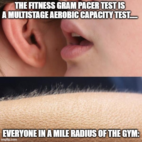 Whisper and Goosebumps | THE FITNESS GRAM PACER TEST IS A MULTISTAGE AEROBIC CAPACITY TEST..... EVERYONE IN A MILE RADIUS OF THE GYM: | image tagged in whisper and goosebumps | made w/ Imgflip meme maker