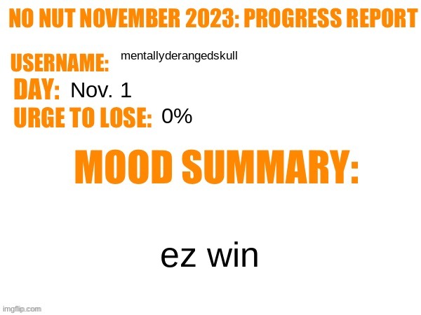 No Nut November 2023 Progress Report | mentallyderangedskull; Nov. 1; 0%; ez win | image tagged in no nut november 2023 progress report | made w/ Imgflip meme maker