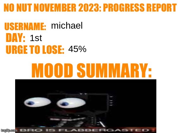 No Nut November 2023 Progress Report | michael; 1st; 45% | image tagged in no nut november 2023 progress report | made w/ Imgflip meme maker