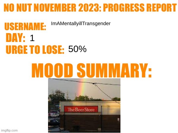 mmm tasty old wheat juice | ImAMentallyillTransgender; 1; 50% | image tagged in no nut november 2023 progress report | made w/ Imgflip meme maker