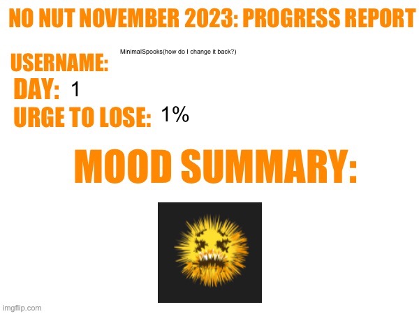 Andjd | MinimalSpooks(how do I change it back?); 1; 1% | image tagged in no nut november 2023 progress report | made w/ Imgflip meme maker