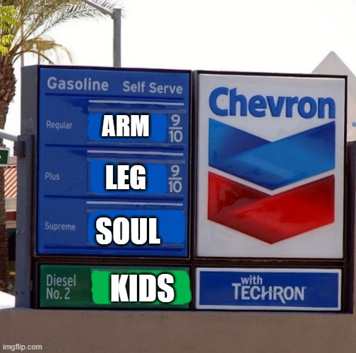 Gas prices these days | ARM; LEG; SOUL; KIDS | image tagged in gas prices | made w/ Imgflip meme maker
