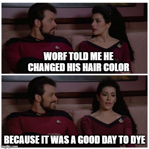 Worf Pun | WORF TOLD ME HE CHANGED HIS HAIR COLOR; BECAUSE IT WAS A GOOD DAY TO DYE | image tagged in troi and riker bad pun | made w/ Imgflip meme maker