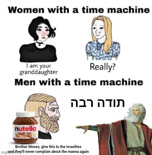 Men with a Time Machine | תודה רבה; Brother Moses, give this to the Israelites and they'll never complain about the manna again | image tagged in men with a time machine,moses,nutella | made w/ Imgflip meme maker