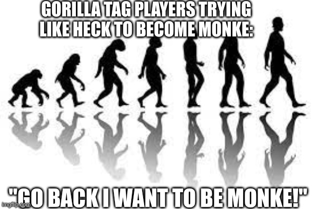 Gorilla Tag Monke Meme | GORILLA TAG PLAYERS TRYING LIKE HECK TO BECOME MONKE:; "GO BACK I WANT TO BE MONKE!" | image tagged in gorilla tag,monke | made w/ Imgflip meme maker