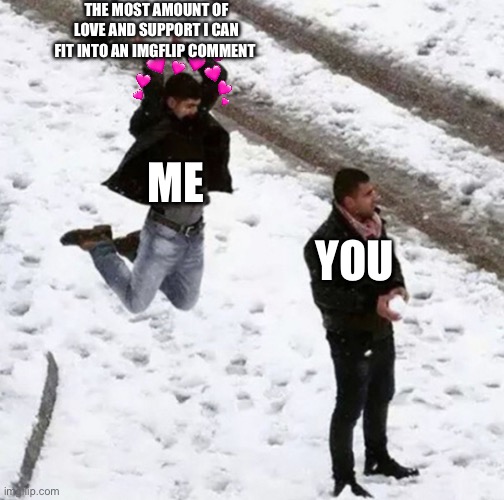 *slam dunking intensifies* | THE MOST AMOUNT OF LOVE AND SUPPORT I CAN FIT INTO AN IMGFLIP COMMENT; ME; YOU | image tagged in snow ball hit,wholesome | made w/ Imgflip meme maker
