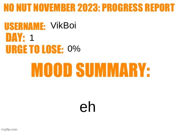 No Nut November 2023 Progress Report | VikBoi; 1; 0%; eh | image tagged in no nut november 2023 progress report | made w/ Imgflip meme maker