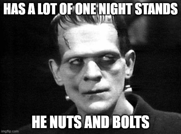 One Night with Frank | HAS A LOT OF ONE NIGHT STANDS; HE NUTS AND BOLTS | image tagged in frankenstein | made w/ Imgflip meme maker