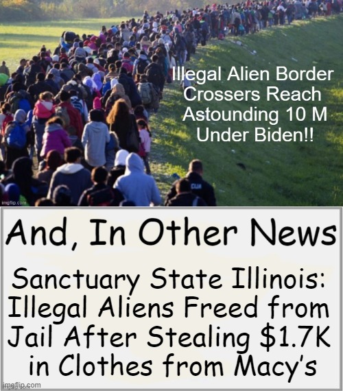 The number of illegals who invaded under Biden is larger than the population of 38 states | Sanctuary State Illinois: 

Illegal Aliens Freed from 
Jail After Stealing $1.7K 
in Clothes from Macy’s | image tagged in politics,illegal aliens,invasion,law and order,open borders,infinity | made w/ Imgflip meme maker