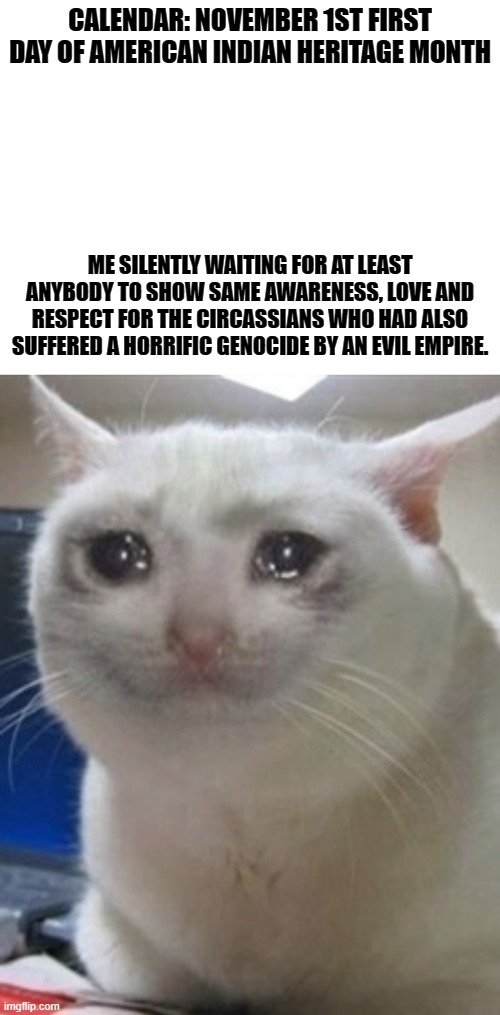 We want awareness too!!! | CALENDAR: NOVEMBER 1ST FIRST DAY OF AMERICAN INDIAN HERITAGE MONTH; ME SILENTLY WAITING FOR AT LEAST ANYBODY TO SHOW SAME AWARENESS, LOVE AND RESPECT FOR THE CIRCASSIANS WHO HAD ALSO SUFFERED A HORRIFIC GENOCIDE BY AN EVIL EMPIRE. | image tagged in crying cat,sad,memes | made w/ Imgflip meme maker