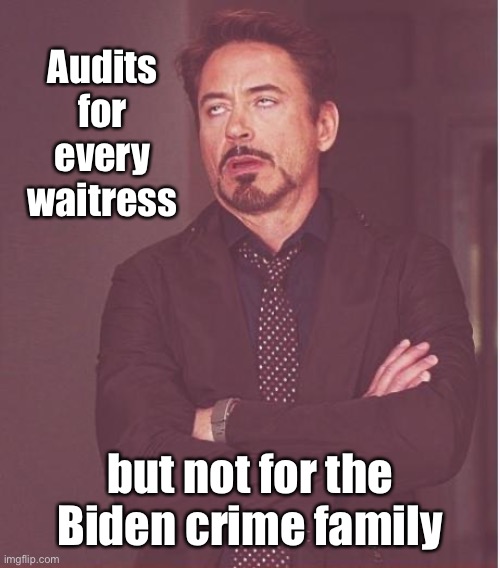 Face You Make Robert Downey Jr Meme | Audits for every waitress but not for the Biden crime family | image tagged in memes,face you make robert downey jr | made w/ Imgflip meme maker
