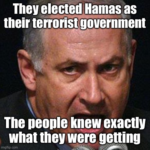 netenyahu | They elected Hamas as their terrorist government The people knew exactly what they were getting | image tagged in netenyahu | made w/ Imgflip meme maker
