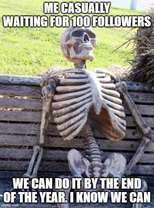 Waiting Skeleton | ME CASUALLY WAITING FOR 100 FOLLOWERS; WE CAN DO IT BY THE END OF THE YEAR. I KNOW WE CAN | image tagged in memes,waiting skeleton | made w/ Imgflip meme maker