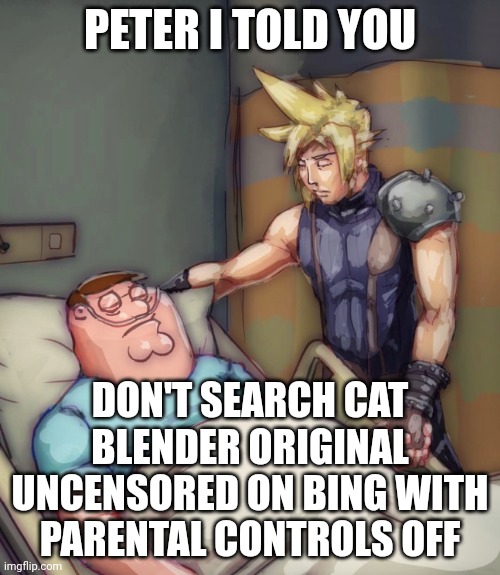 . | PETER I TOLD YOU; DON'T SEARCH CAT BLENDER ORIGINAL UNCENSORED ON BING WITH PARENTAL CONTROLS OFF | made w/ Imgflip meme maker