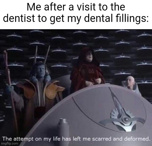 My mouth felt so weird yet not in pain | Me after a visit to the dentist to get my dental fillings: | image tagged in palpatine the attempt on my life | made w/ Imgflip meme maker