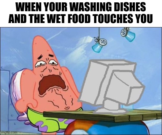 i hate this feeling ;-; | WHEN YOUR WASHING DISHES AND THE WET FOOD TOUCHES YOU | image tagged in patrick star cringing | made w/ Imgflip meme maker