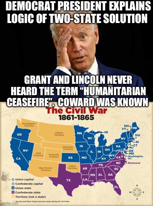 Two-State solution has consequences | DEMOCRAT PRESIDENT EXPLAINS LOGIC OF TWO-STATE SOLUTION; GRANT AND LINCOLN NEVER HEARD THE TERM “HUMANITARIAN CEASEFIRE”.  COWARD WAS KNOWN | image tagged in biden,democrats,coward,incompetence,loser | made w/ Imgflip meme maker