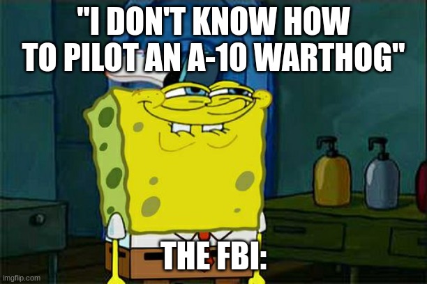 when you ask a war thunder player what they know about real military | "I DON'T KNOW HOW TO PILOT AN A-10 WARTHOG"; THE FBI: | image tagged in memes,don't you squidward | made w/ Imgflip meme maker