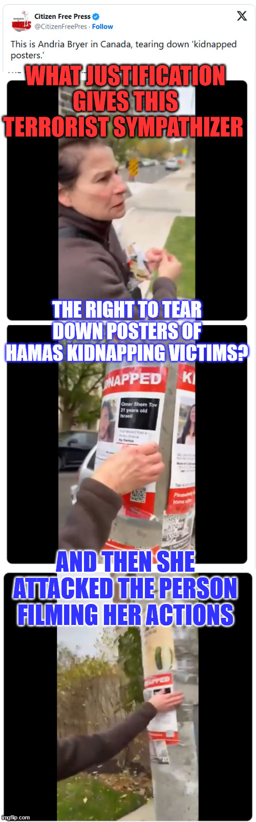 Terrorist sympathizers are still terrorists. | WHAT JUSTIFICATION GIVES THIS TERRORIST SYMPATHIZER; THE RIGHT TO TEAR DOWN POSTERS OF HAMAS KIDNAPPING VICTIMS? AND THEN SHE ATTACKED THE PERSON FILMING HER ACTIONS | image tagged in triggered liberal,terrorist,sympathy,violent,liberals | made w/ Imgflip meme maker