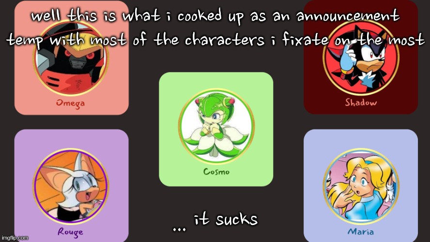 its so boring but i cant do much more without it being crowded | well this is what i cooked up as an announcement temp with most of the characters i fixate on the most; ... it sucks | image tagged in drm/maria's shitty announcement temp | made w/ Imgflip meme maker