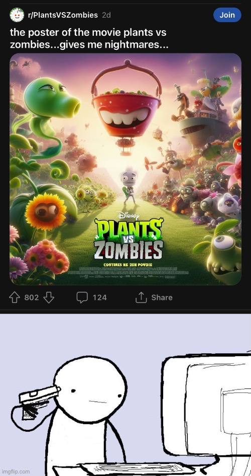 the poster of the movie plants vs zombiesgives me nightmares