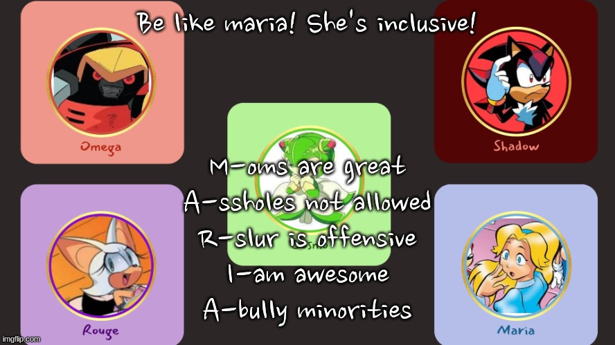 bad joek time | Be like maria! She's inclusive! M-oms are great
A-ssholes not allowed
R-slur is offensive
I-am awesome
A-bully minorities | image tagged in drm/maria's shitty announcement temp | made w/ Imgflip meme maker
