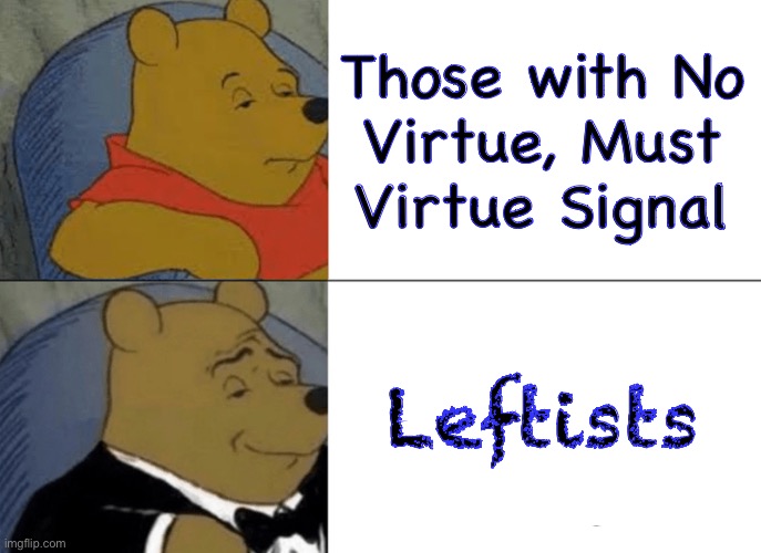 Not Right | Those with No
Virtue, Must
Virtue Signal; Leftists | image tagged in memes,tuxedo winnie the pooh,fjb voters killed america,fjb voters can kissmyass,every last one of you dikheads | made w/ Imgflip meme maker