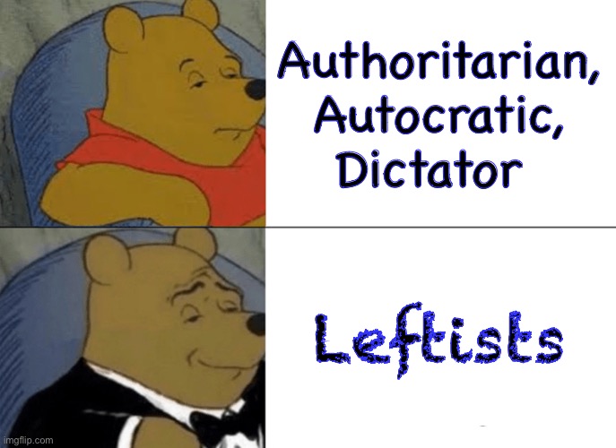 They ain’t Right | Authoritarian,
Autocratic,
Dictator; Leftists | image tagged in memes,tuxedo winnie the pooh,fjb voters suck,america killers,progressives n fjb voters kissmyass | made w/ Imgflip meme maker