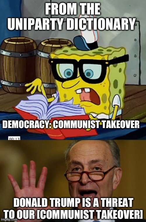 This is what they really mean. | FROM THE UNIPARTY DICTIONARY; DEMOCRACY: COMMUNIST TAKEOVER; DONALD TRUMP IS A THREAT TO OUR [COMMUNIST TAKEOVER] | image tagged in chuck schumer,politics,democrats,rino,communist socialist,donald trump | made w/ Imgflip meme maker