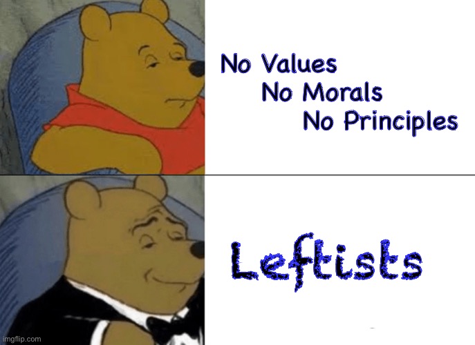 Devoid of Merit.  Complete Absence of Redeeming Qualities | No Values
    No Morals
        No Principles; Leftists | image tagged in memes,tuxedo winnie the pooh,who else but demonrats,all they can do is virtue signal,plus they can kissmyass,fjb voters suck | made w/ Imgflip meme maker