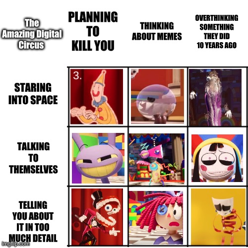 Please upvote this took me forever :( | The Amazing Digital Circus; OVERTHINKING SOMETHING THEY DID 10 YEARS AGO; THINKING ABOUT MEMES; PLANNING TO KILL YOU; STARING INTO SPACE; TALKING TO THEMSELVES; TELLING YOU ABOUT IT IN TOO MUCH DETAIL | image tagged in the amazing digital circus,characters,memes | made w/ Imgflip meme maker